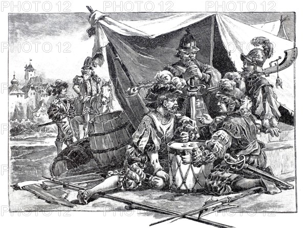 Military, Feldobrist or Feldhauptmann, Leutnant and Landsknechte, German mercenaries of the late 15th and 16th century in a camp, Germany, Historical, authentic, digitally restored reproduction from a 19th century original, Record date not stated