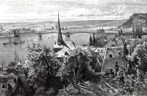 Koblenz, with a view of the royal residence palace, 1890, Rhineland-Palatinate, Germany, Historical, authentic, digitally restored reproduction from a 19th century original, Record date not stated