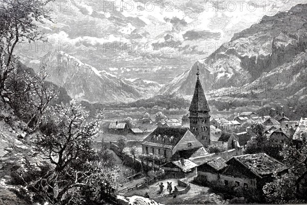 Meyringen, Meiringen, 1890, village in the administrative district of Interlaken-Oberhasli in the canton of Bern, Switzerland, Historical, authentic, digitally restored reproduction from a 19th century original, Record date not stated