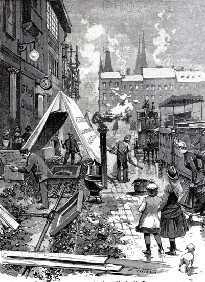 Electricity, Laying cables in the street, 1890, Berlin, Germany, Historical, authentic, digitally restored reproduction from a 19th century original, Record date not stated