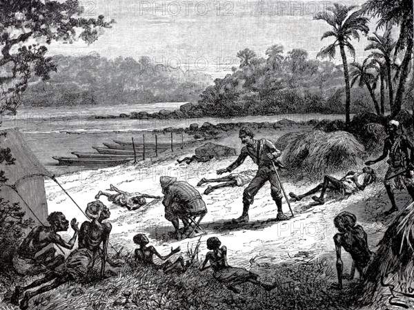 Rescue of Captain Nelson and the survivors in the famine camp by Henry Morton Stanley, Africa, Expedition, around 1880, Historical, authentic, digitally restored reproduction from a 19th century original, Record date not stated