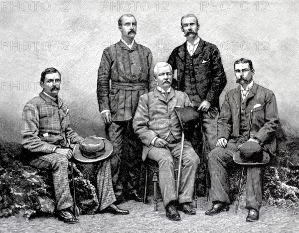 Henry Morton Stanley (b. 28 January 1841 as John Rowlands in Denbigh, Wales, d. 10 May 1904 in London), British-American journalist, African explorer and author in the photo of the participants of the rescue expedition, 1890, from left: Dr Barke, Nelson, Stanley, Stairs, Mounteney Jephson, Historical, authentic, digitally restored reproduction from a 19th century original, Record date not stated