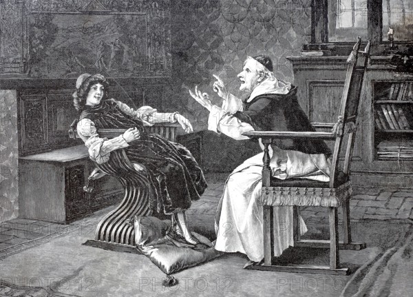 Priest tries to teach the pupil something, he is unteachable, Education, School, 1890, Historical, authentic, digitally restored reproduction from a 19th century original, Record date not stated