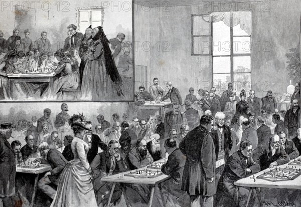Chess tournament in the chess village of Ströbeck in 1890, part of Halberstadt in the district of Harz in Saxony-Anhalt. The chess tradition of the village, which dates back to the Middle Ages, is a unique feature that has been recognised as intangible cultural heritage in Germany, Historical, authentic, digitally restored reproduction from a 19th century original, Record date not stated