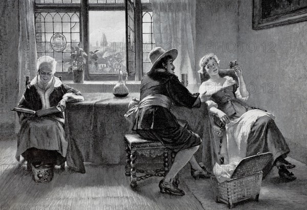 A pleasant philanderer who knows how to make an impression with his charm and a certain slyness entertains the young woman. Her mother is sitting at the table reading a book, 1890, Historical, authentic, digitally restored reproduction from a 19th century original, Record date not stated