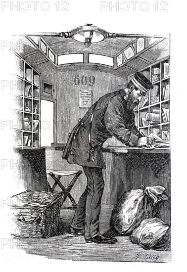 Employee in the Berlin street mail service sorting letters, postman, post office, 1890, Germany, Historical, authentic, digitally restored reproduction from a 19th century original, Record date not stated