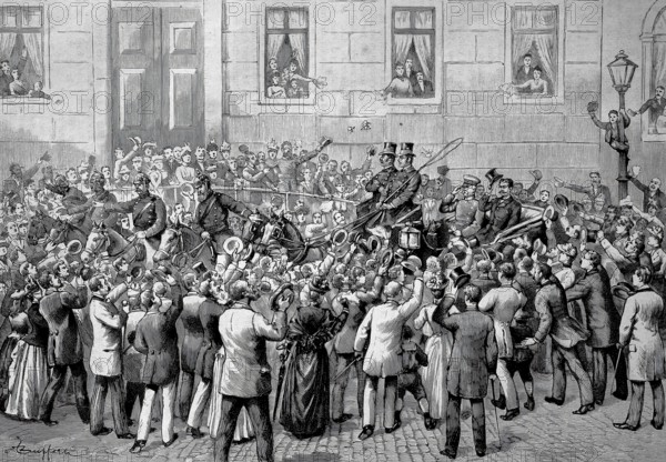 Bismarck's departure from Berlin on 20 March 1890, after he was dismissed by Kaiser Wilhelm II following a dispute with Kaiser Wilhelm II over the extension of the Socialist Law, Historical, authentic, digitally restored reproduction from a 19th century original, Record date not stated