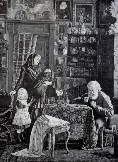 The last jewel, old man, collector of antiques, looking at something through a magnifying glass, his woman and children look on bored, room with many decorative objects, 1890, Historical, authentic, digitally restored reproduction from a 19th century original, Record date not stated