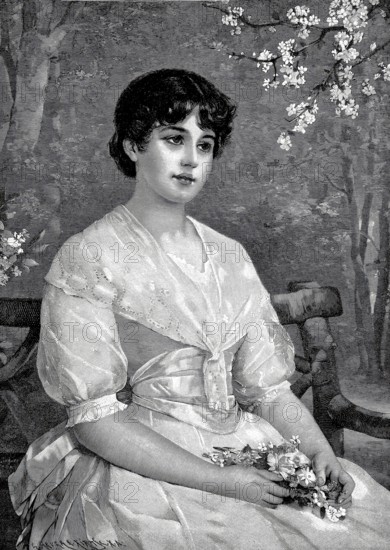 Spring dream, young girl with a bouquet of flowers on her lap, dreamy, melancholic mood, after a painting by Otto Lingner, Historical, authentic, digitally restored reproduction from a 19th century original, Record date not stated