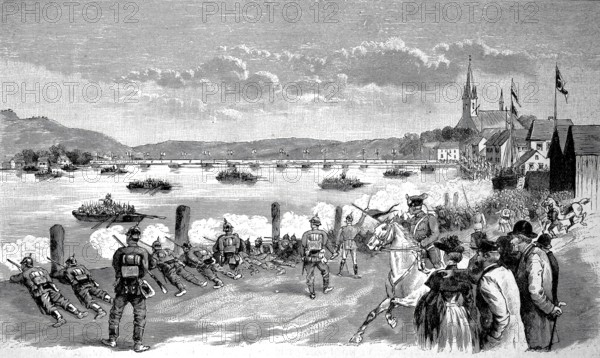 The passage of the 18th Division across the Sound from Sonderburg to Düppel, the storming of the Düppel redoubts was the decisive battle of the German-Danish War of 1864, Germany, Historical, authentic, digitally restored reproduction from a 19th century original, Record date not stated