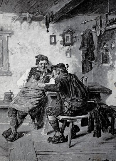 Two farmers chatting in the parlour, one talking pompously to the other, rural scene from the Alpine region, 1880, Historical, authentic, digitally restored reproduction from a 19th century original, Record date not stated