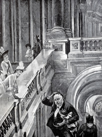 On the way to the gallery, fat man carrying a small child up the stairs and sweating, 1880, Historical, authentic, digitally restored reproduction from a 19th century original, Record date not stated