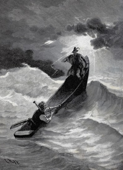 Thurnhammer takes a boat out to sea in a storm, high waves, risk, 1880, Historical, authentic, digitally restored reproduction from a 19th century original, Record date not stated