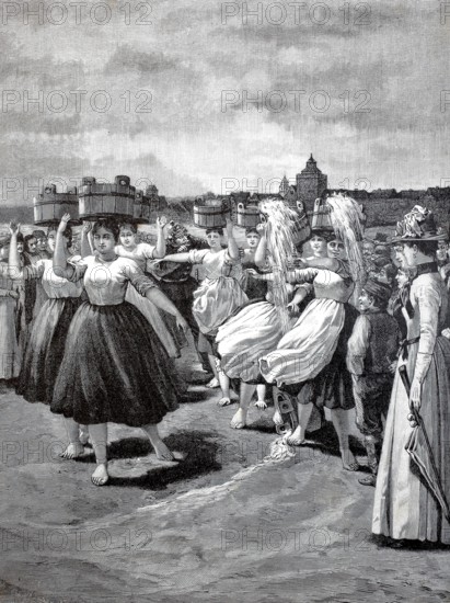 The water carrying at the Schäferlauf, a Württemberg folk festival, here in 1890, in Markgröningen, district of Ludwigsburg, Baden-Württemberg, Germany, Historical, authentic, digitally restored reproduction from a 19th century original, Record date not stated