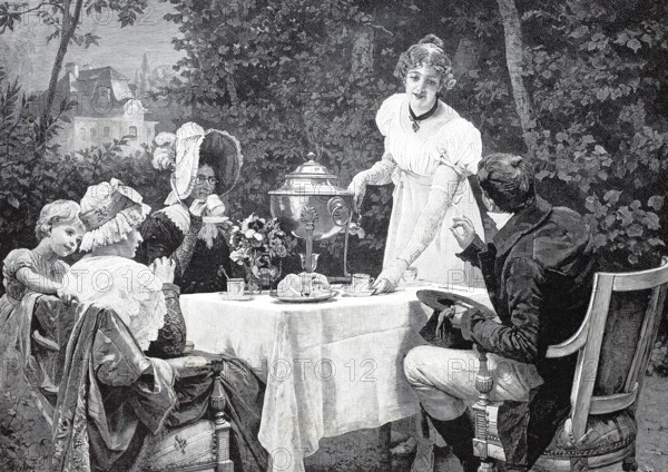 Distinguished company at a coffee table in the garden, 1890, Historical, authentic, digitally restored reproduction from a 19th century original, Record date not stated