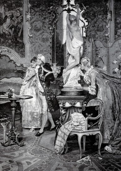 The Jealous, Hidden behind a statue, a woman watches a couple walking through an elegant room, around 1800, after a painting by Alessandro Ricci da Fermo, Historical, authentic, digitally restored reproduction from a 19th century original, Record date not stated