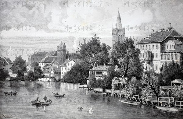 At the castle pond in Königsberg in Prussia, around 1890, Germany, today Kaliningrad in Russia, Historical, authentic, digitally restored reproduction from a 19th century original, Record date not stated