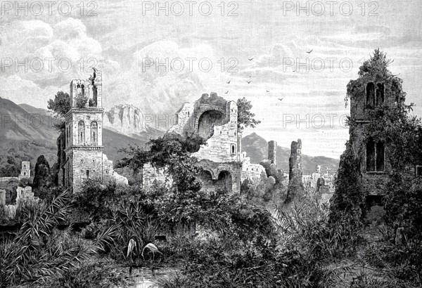 Ruins in the Giardino di Ninfa, a park and English garden in the territory of the municipality of Cisterna di Latina, Lazio region, 1890, Italy, Historical, authentic, digitally restored reproduction from a 19th century original, Record date not stated