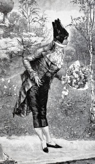 Young man bowing with a large bouquet of flowers, 1800, Historical, authentic, digitally restored reproduction from a 19th century original, Record date not stated