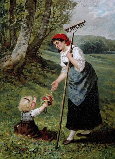 Mother's Day, little girl gives her mother a bouquet of flowers, field work with wooden rake, spring landscape, 1890, Historic, authentic, digitally restored reproduction from a 19th century original, Record date not stated