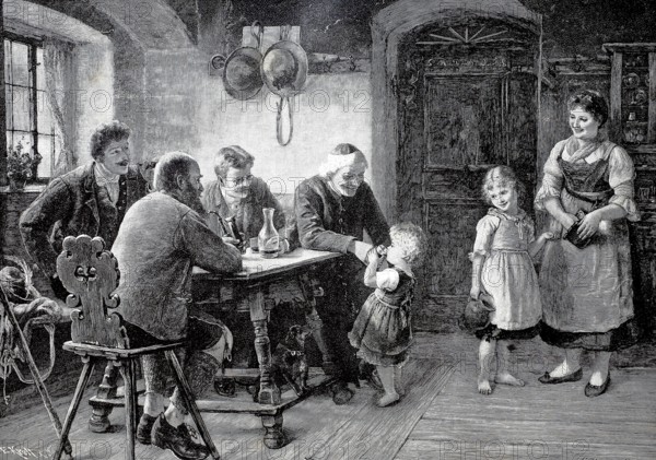 The first wine tasting, toddler gets alcohol to taste in an inn, mother and older sister look on benevolently, 1890, Historical, authentic, digitally restored reproduction from a 19th century original, Record date not stated