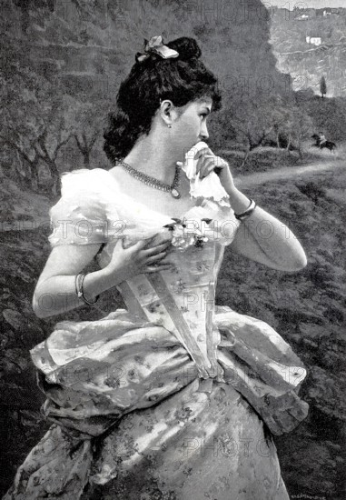 The last greeting, young woman looks sadly after her lover, who is travelling on horseback. Handkerchief for tears, 1890, Historical, authentic, digitally restored reproduction from a 19th century original, Record date not stated