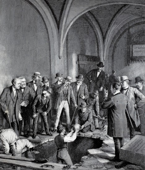 The excavation of Kant's remains, in 1880 the mortal remains of Immanuel Kant were exhumed to build a new funeral chapel at Königsberg Cathedral, Historical, authentic, digitally restored reproduction from a 19th century original, Record date not stated