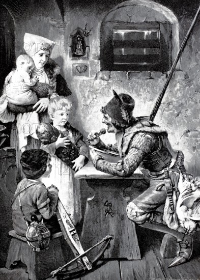 Hungry guest, quartered lansquenet eating in the farmhouse, tells the children history. One of the children holds his crossbow and water bottle, 1890, Historical, authentic, digitally restored reproduction from a 19th century original, Record date not stated
