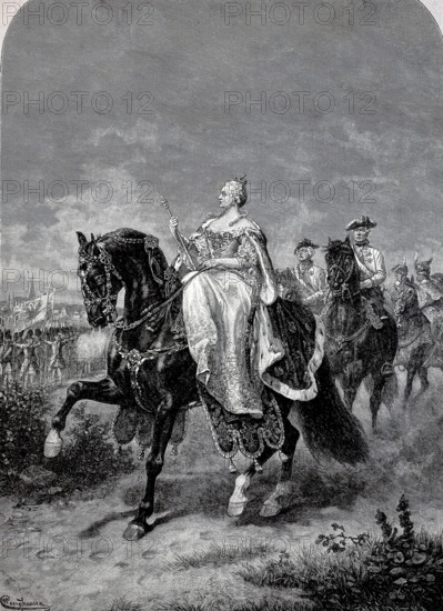 Empress Maria Theresa on horseback, Maria Theresa Walburga Amalia Christina of Austria (born 13 May 1717 in Vienna, died 29 November 1780 ibid., Princess of the House of Habsburg, Historical, authentic, digitally restored reproduction from a 19th century original, Record date not stated