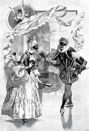 Madame Pompadour and Marquis Posa at a masked ball. Jeanne-Antoinette Poisson, dame Le Normant d'Etiolles, marquise de Pompadour, duchesse de Menars (born 29 December 1721 in Paris, died 15 April 1764 in Versailles), from 1745 to 1751 the maitresse en titre at the court of the French King Louis XV, Historical, authentic, digitally restored reproduction from a 19th century original, Record date not stated