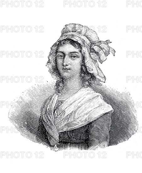 Marie Anne Charlotte Corday d'Armont, Charlotte Corday for short, (born 27 July 1768 in Les Ligneries, Normandy, France, died 17 July 1793 in Paris), French noblewoman and descendant of the playwright Pierre Corneille. She became famous during the French Revolution for the murder of the radical journalist, politician and scientist Jean Paul Marat, Historical, authentic, digitally restored reproduction from a 19th century original, Record date not stated