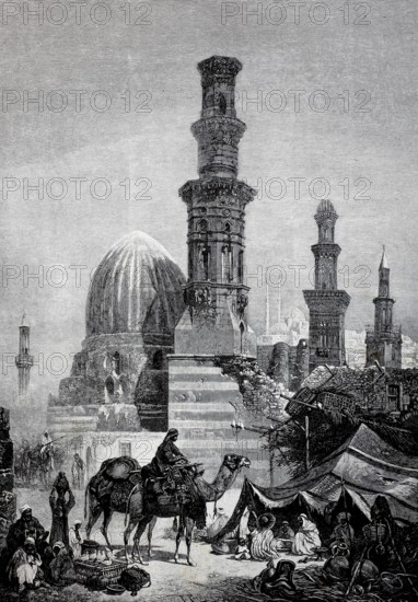 Merchants camp in front of the Caliph Tombs in Cairo in 1880, Egypt, Historical, authentic, digitally restored reproduction from a 19th century original, Record date not stated