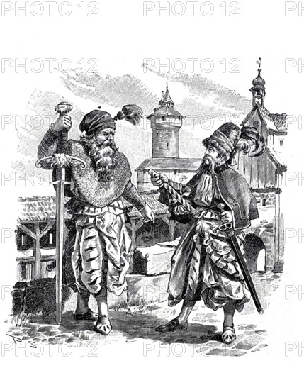 Executioner and Profotz, Prosecutor, with the Landsknechts, German mercenaries of the late 15th and 16th century in a camp, here in Nuremberg, Germany, Historical, authentic, digitally restored reproduction from a 19th century original, Record date not stated