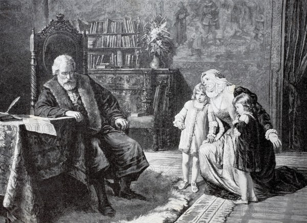 Philippine Welser in front of Emperor Ferdinand I, Philippine Welser (born 1527 in Augsburg, died 24 April 1580 at Ambras Castle, Innsbruck in Tyrol) was a patrician daughter of Augsburg and the woman of Archduke Ferdinand II, Historical, authentic, digitally restored reproduction from a 19th century original, Record date not stated