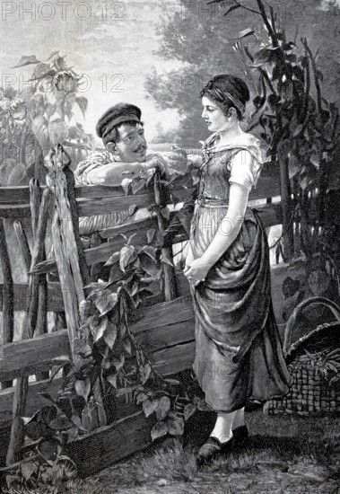 Conversation at the garden fence, young man talking to young woman about a wooden fence in the garden 1890, Historical, authentic, digitally restored reproduction from a 19th century original, Record date not stated