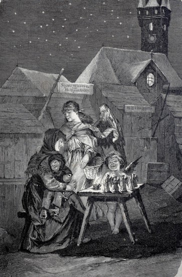Symbolic Christmas, Angel has a sales table with angel figurines in the toy village, Christmas angel, village scene in the evening, 1890, Historical, authentic, digitally restored reproduction from a 19th century original, Record date not stated
