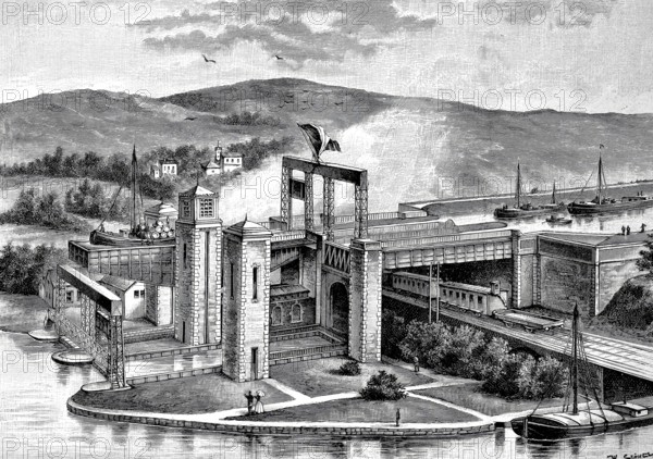 Hydraulic boat lift Les Fontinettes, connecting the river Aa with the Canal de Neuffosse, 1880, France, Historic, authentic, digitally restored reproduction from a 19th century original, Record date not stated