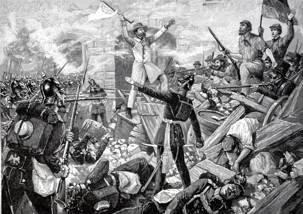 The deputy Rösler announces the armistice in the Frankfurt street fight on 18 September 1848, Frankfurt, Germany, Historical, authentic, digitally restored reproduction from a 19th century original, Record date not stated