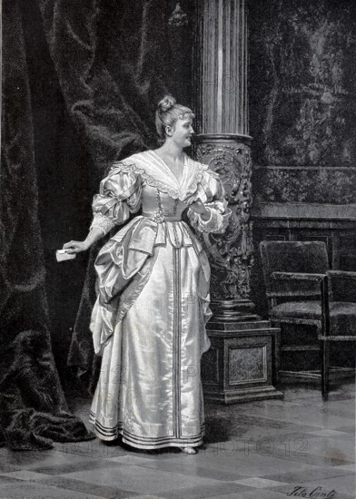 Secret correspondence, distinguished lady passes a letter secretly through a curtain to the back, secret, discretion, 1890, Historical, authentic, digitally restored reproduction from a 19th century original, Record date not stated