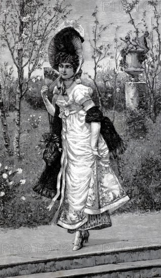 Elegant young lady walking through the park, around 1800, Historical, authentic, digitally restored reproduction from a 19th century model, Record date not stated