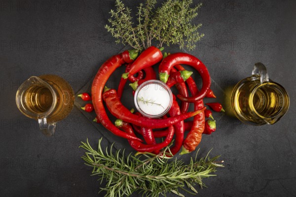 Hot red peppers with vinegar, oil, salt and herbs on a black background