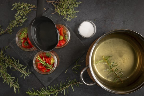 Cooking pot with vinegar, jars with chilli peppers and herbs on a dark background