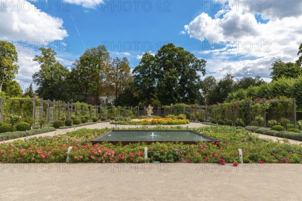 Flowers, shrubs and water basins in the Rosarium, Doblhoffpark in Baden, Lower Austria, Austria