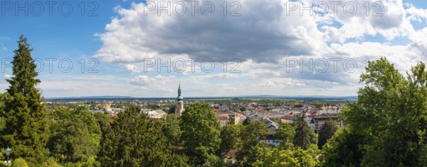 Panorama over Baden with church tower under cloudy sky, Baden, Lower Austria, Austria