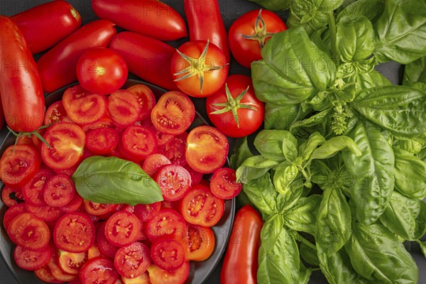 Sliced and whole tomatoes with fresh basil, colourfully presented