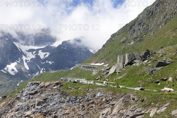 View of the section of the Grossglockner High Alpine Road above the tree line to Franz-Josefs-Höhe in Grossglockner Group High Alps, Carinthia, Austria
