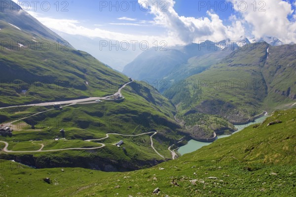 View to the left Großglockner-Hochalpenstraße access road access road to Franz-Josefs-Höhe in the right half of the picture Margaritzen reservoir Margaritzen reservoir in the Hohe Tauern National Park, Heiligenblut, Carinthia Austria