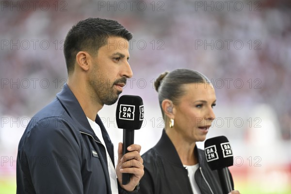 DAZN TV expert Sami Khedira, in interview Microphone Logo Presenter Laura Wontorra, Bundesliga, MHPArena, MHP Arena Stuttgart, Baden-Württemberg, Germany