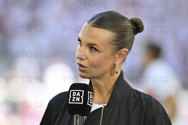 DAZN presenter Laura Wontorra, in interview Microphone Microphone Logo Portrait Bundesliga, MHPArena, MHP Arena Stuttgart, Baden-Württemberg, Germany
