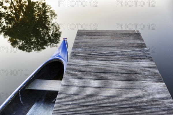 Jetty, wooden jetty with boat at a pond, camping site, evening light, Hodorf, Itzehoe, Schleswig-Holstein, Germany